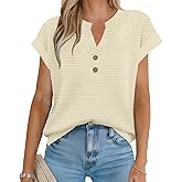 Women's Sweater Vest Spring Summer Button V Neck Striped Pullover Tank Top Cap Sleeve Knit Sweaters Tops