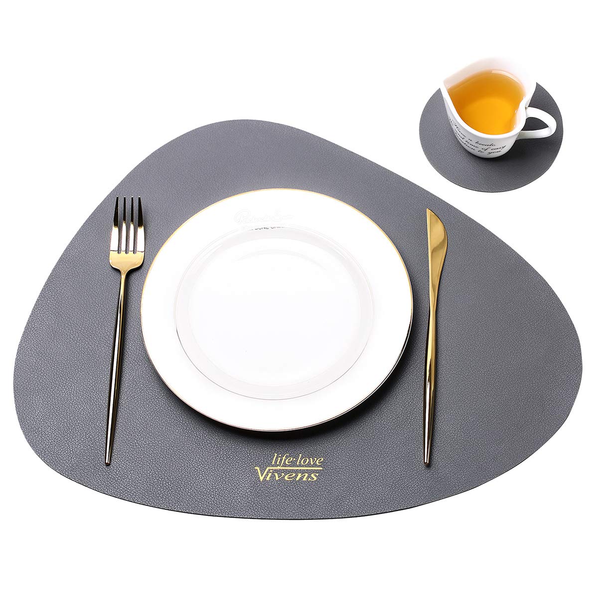 VIVENS Placemat 43 x 34 cm, PU Leather Placemats and Coasters Set of 2, Non-Slip Durable Table Mats Washable Waterproof (Grey)