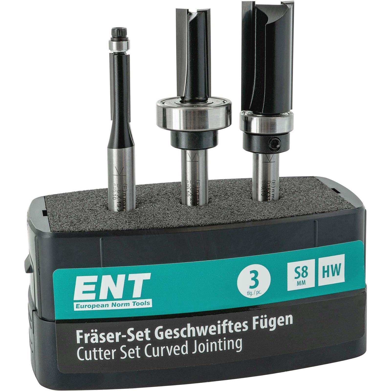 ENT 09040 3-Piece Copy Milling Cutter Set for Curved Joining - Carbide Tipped - Shaft Ø 8 mm