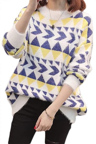 Amazon ミートン モヘア セーター プルオーバー レディース ニット トップス ブラウス ゆったり 幾何 プリント 長袖 秋冬 厚手 ブルーxl セーター 通販