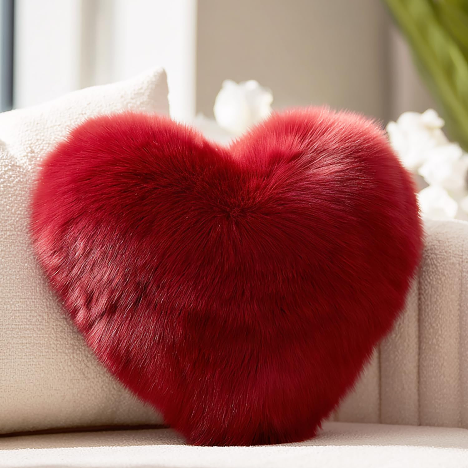 Photo 1 of Wucidici Red Heart Pillow, Faux Fox Fur Heart Decorative Pillows, Heart Shaped Throw Pillow for Bed, Soft Fluffy Decorative Cushion for Chair Sofa Living Room - Plush Pillow Home Decor