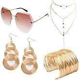 Fumwase 4 Piece 70s Disco Accessories for Party Halloween Cosplay 70s Disco Costume Accessory Set for Women with Luxuriant Coil Bracelet Disco Sunglasses Triple-Layered Choker and Gold Disco Earrings