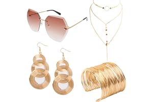 Fumwase 4 Piece 70s Disco Accessories for Party Halloween Cosplay 70s Disco Costume Accessory Set for Women with Luxuriant Coil Bracelet Disco Sunglasses Triple-Layered Choker and Gold Disco Earrings