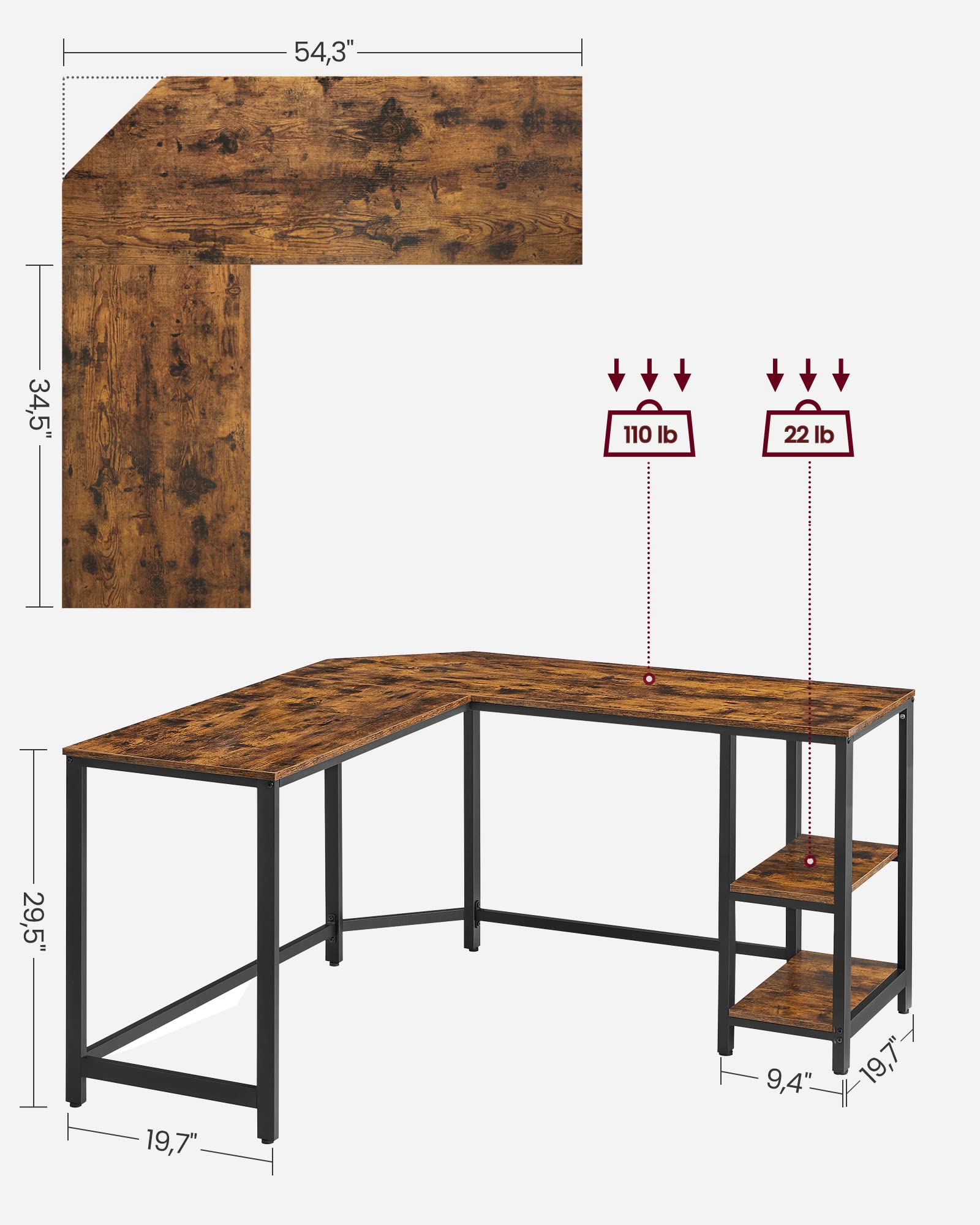 VASAGLE L-Shaped Computer Desk, Corner Desk, 54-Inch Writing Study Workstation, Rustic Brown and Black ULWD72X​