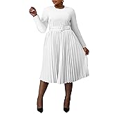 VERWIN Plus Size Dress Long Sleeve Belted Dress for Women Round Neck A-line Dresses Women's Midi Dress Pleated Dress