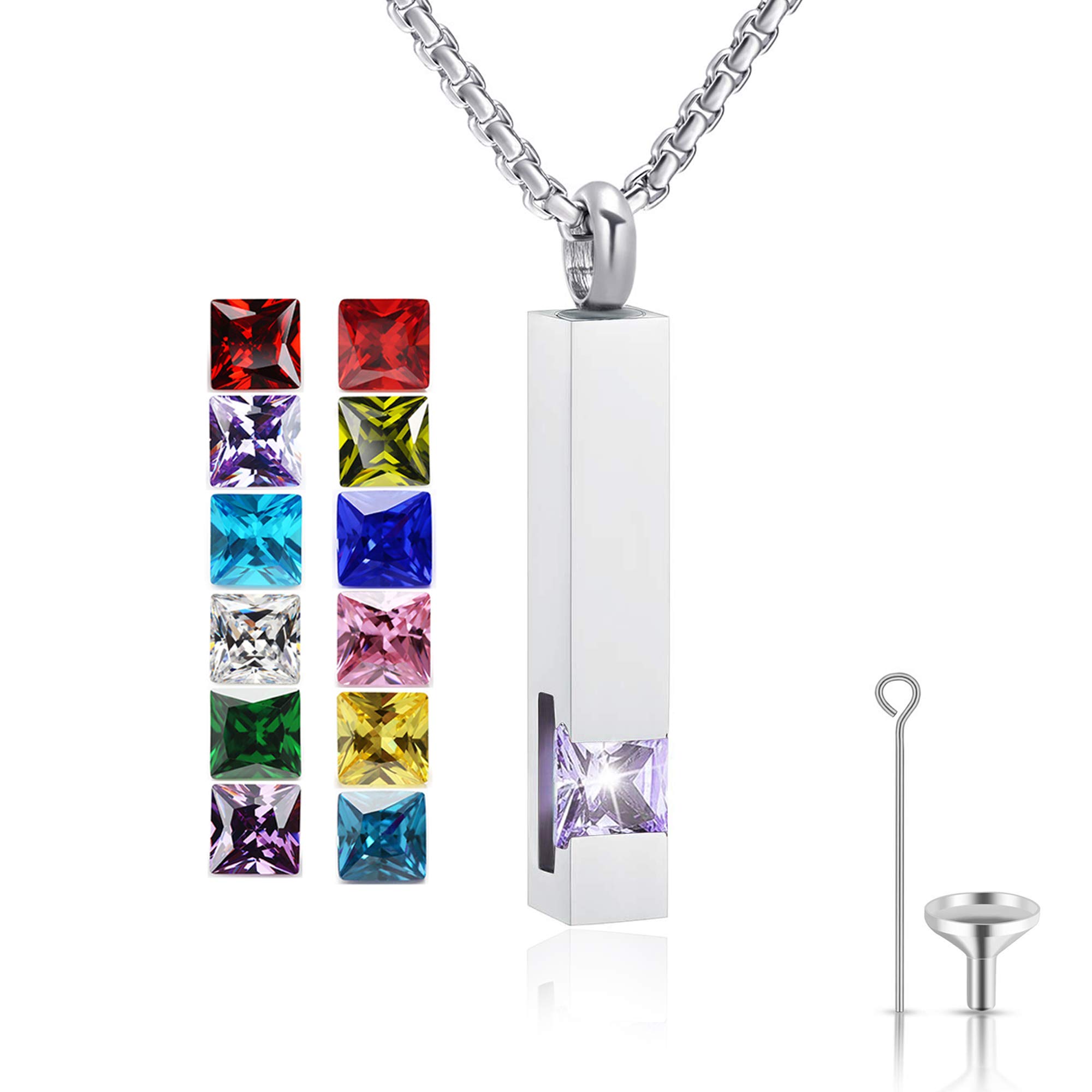 Urn Necklace for Ashes Birthstone Cuboid Cremation Jewelry Keepsake Holder Memorial Locket Necklace Pendant
