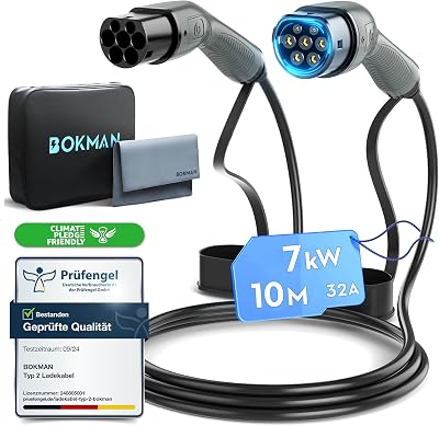 bokman Type 2 EV Charging Cable 32A 7.2KW 10m Mode 3 Type 2 to Type 2