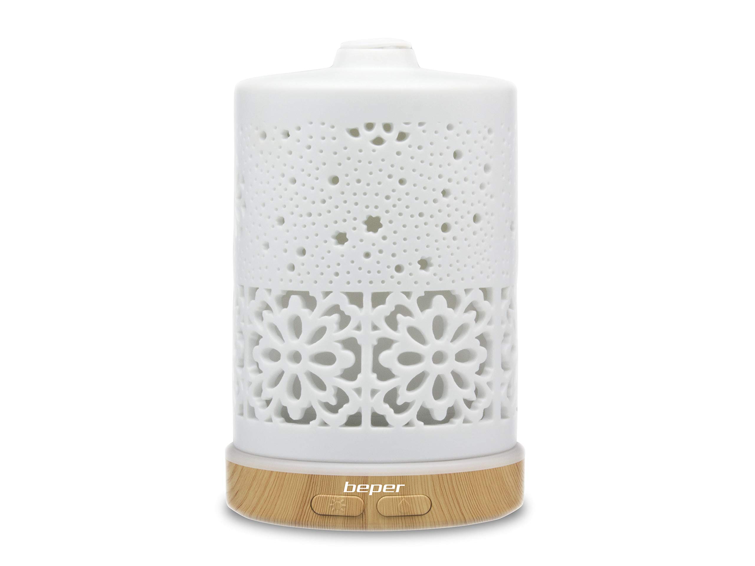 Beper 70.404 Ceramic Essence Diffuser, Ultrasonic Nebulizer, 7 Color Led Light, Steam Spill Button and Color Selection, Elegant Design, USB Operation White Little