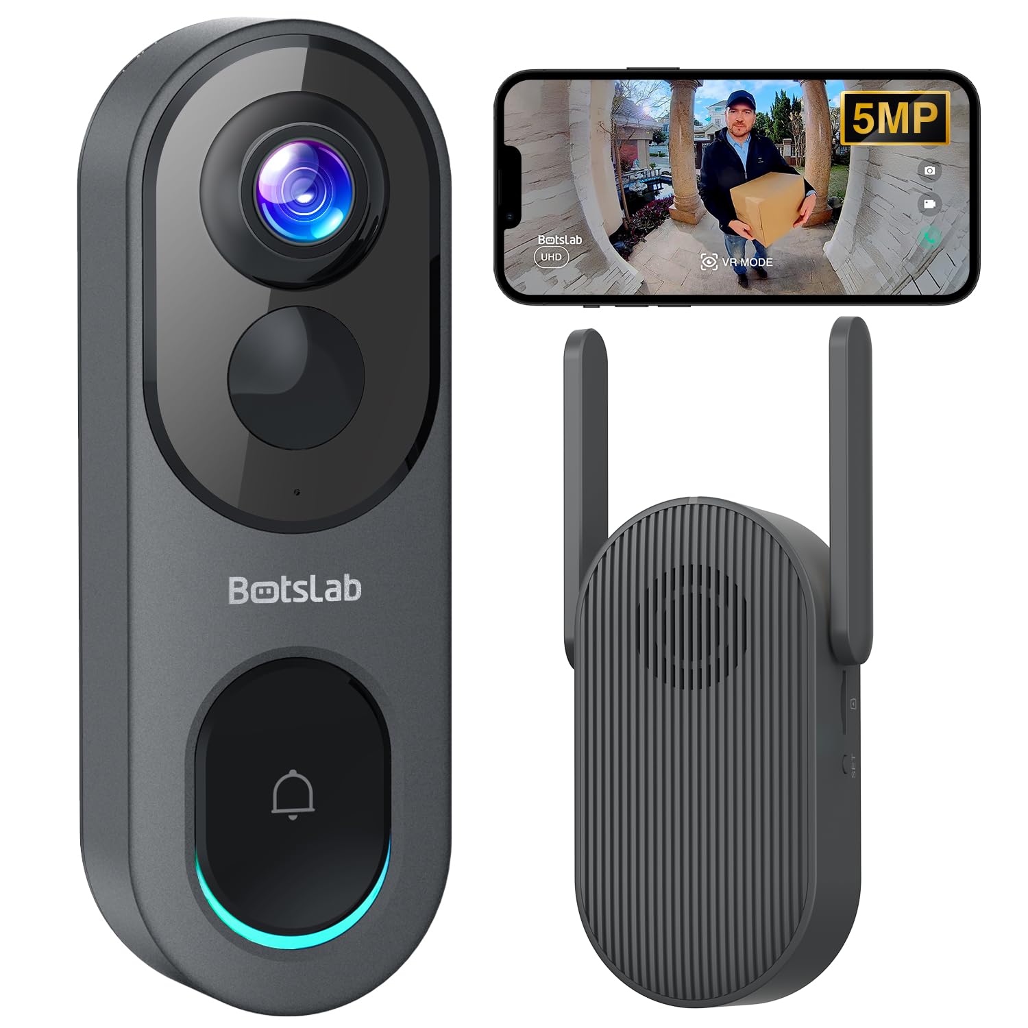 Photo 1 of BOTSLAB 5MP Wireless Video Doorbell Camera,180° Head-to-Toe View, AI Motion Detection, VR Mode, Battery or Wired Powered, Easy Installation, Weatherproof, No Monthly Fee, 2.4GHz WiFi