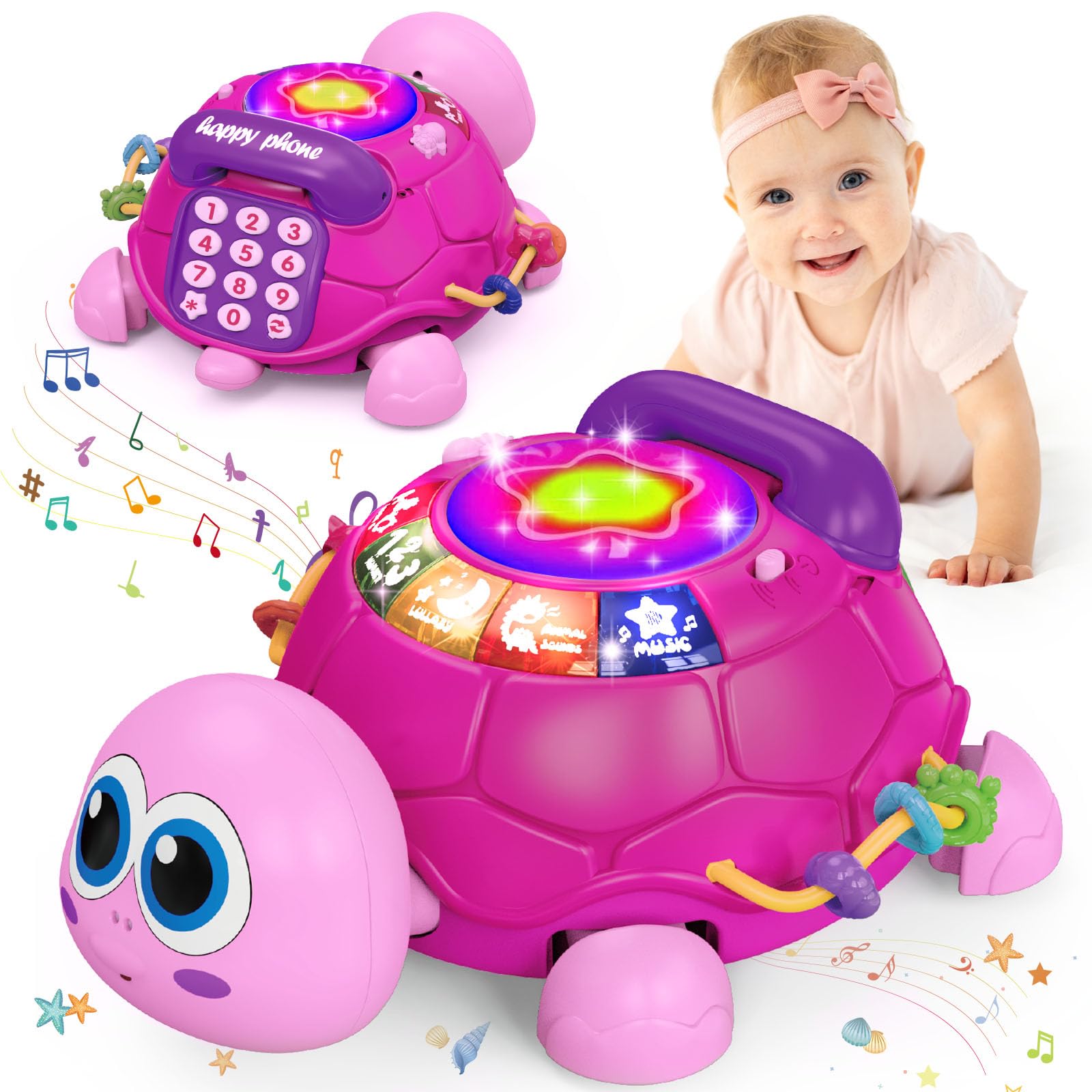 Ussybaby Baby Girl Toys 6 to 12 Months, Crawling Toys for 12-18 Months, Baby Turtle Musical Toys, Phone Tabour Toy, Baby Girl Toys 7 8 9 10 11 Months 1-2 Year Old Toys Infant, Baby Girl Gift (Pink)