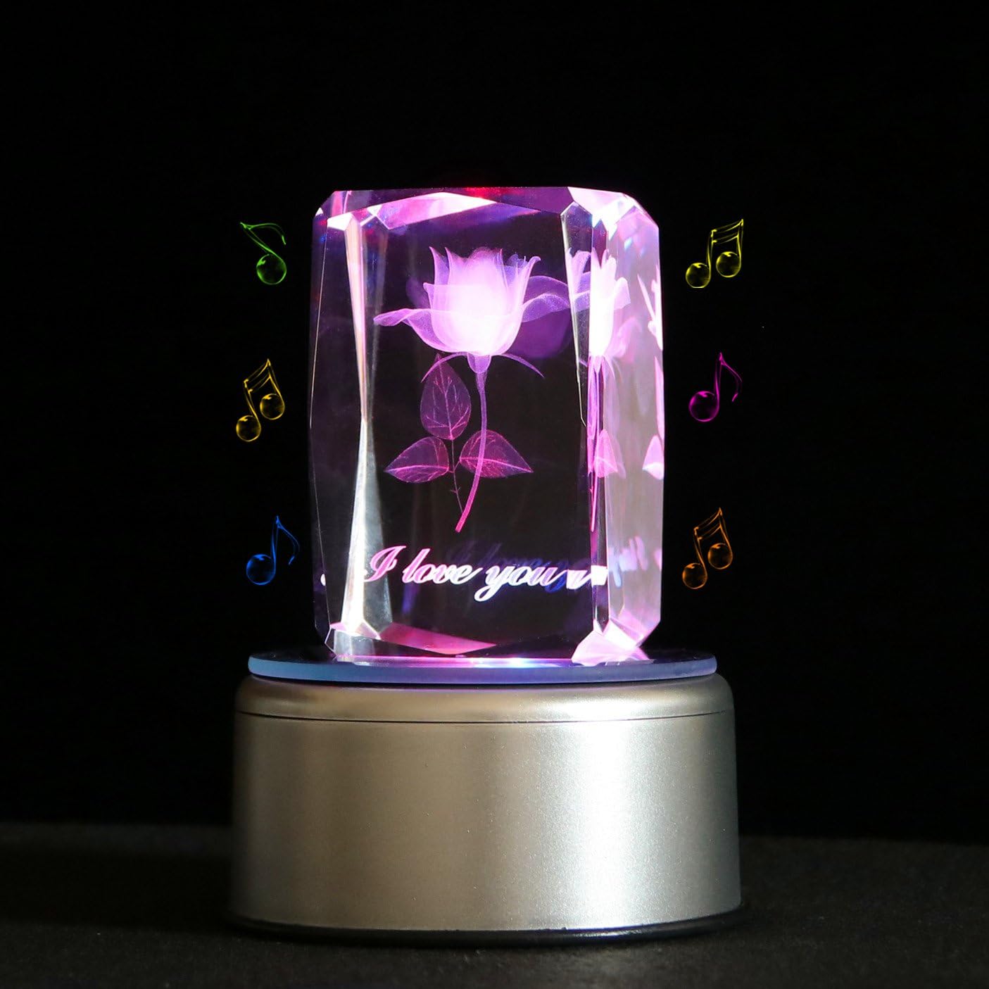 Qianruna Personalized 3D Laser Etched Crystal Rose Flower Rotating LED Light Music Box,Birthday Gift for Wife and Mom, Bluetooth Base