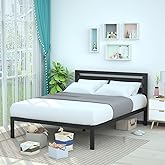 �鶹�� Basics Metal Bedframe with Modern Headboard - 14 Inch Height for Under-Bed Storage - Wood Slats - Easy Assemble, Queen