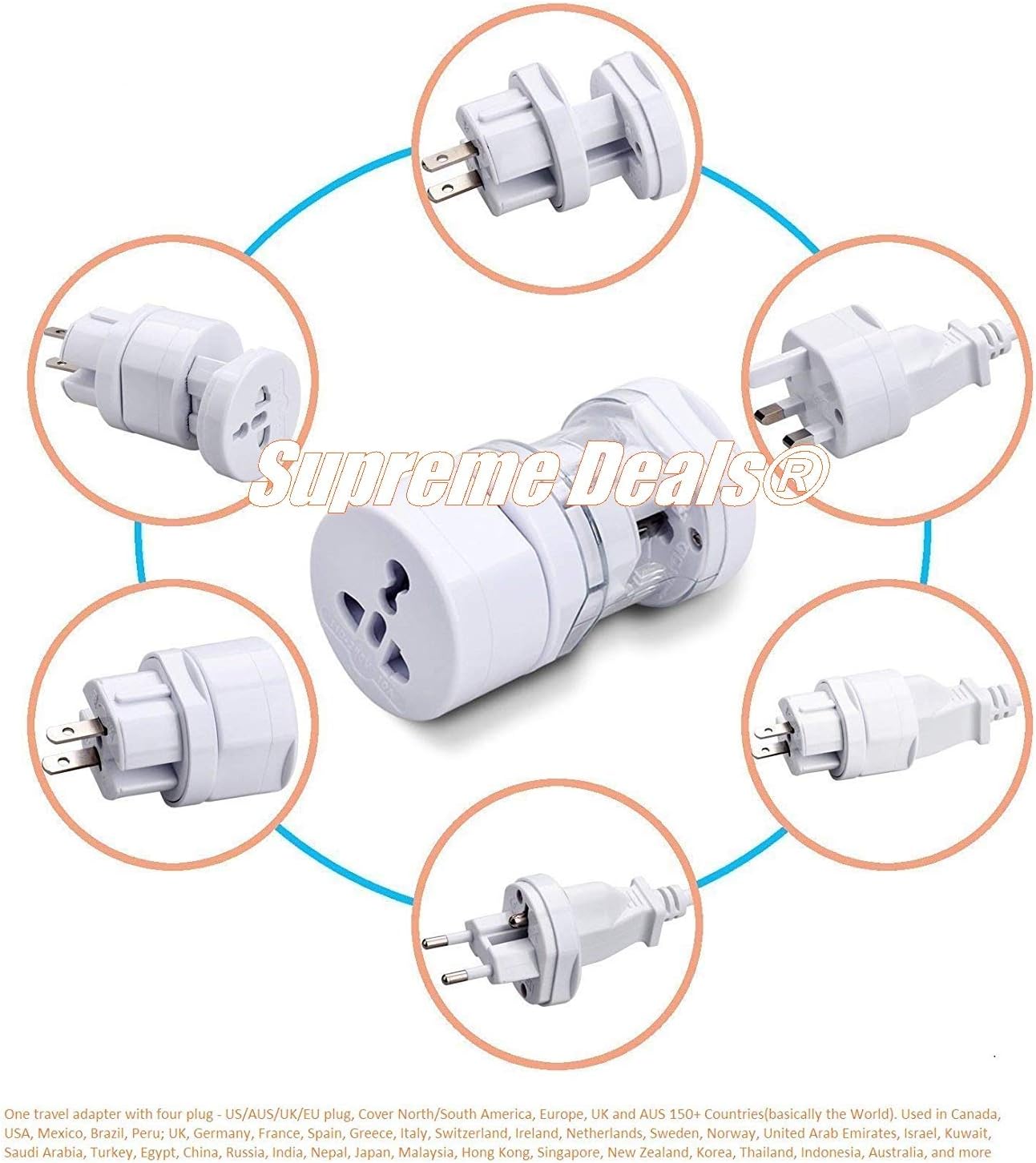 Supreme Deals® Universal Travel Adapter with 125V 6A, 250V Surge/Spike Protected Electrical Plug (White)(1 Year Warranty) (Supreme Round Shape)