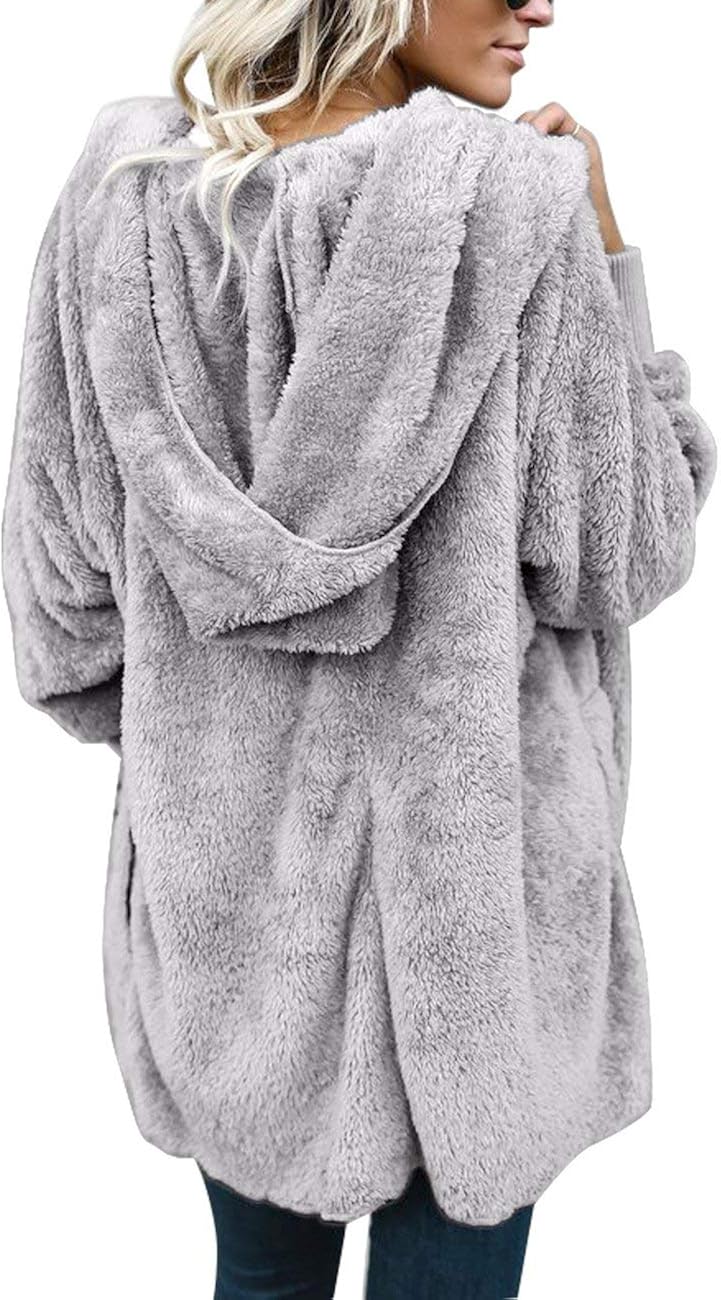 ThusFar Women Fuzzy Fleece Jacket Open Front Hooded Cardigan Coat Outwear Pockets at  Women’s Clothing store