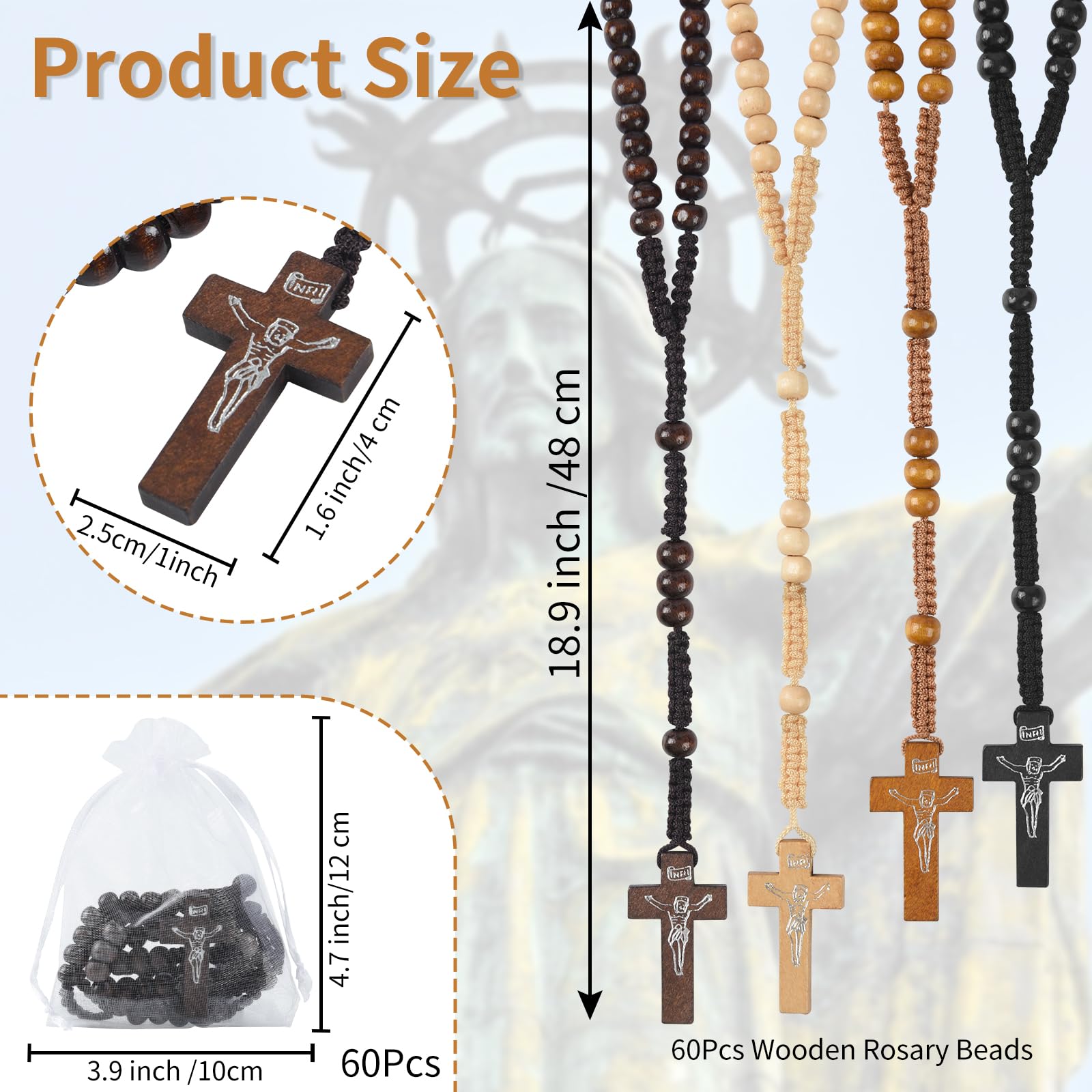 Wonitain 60 Set Wooden Rosary Beads Bulk Wood Catholic Rosaries with Jesus Holy Cross First Communion Wood Carved Rosary with Organza Bags Religious Rosary Catholic Baptism Church Present for Men Women