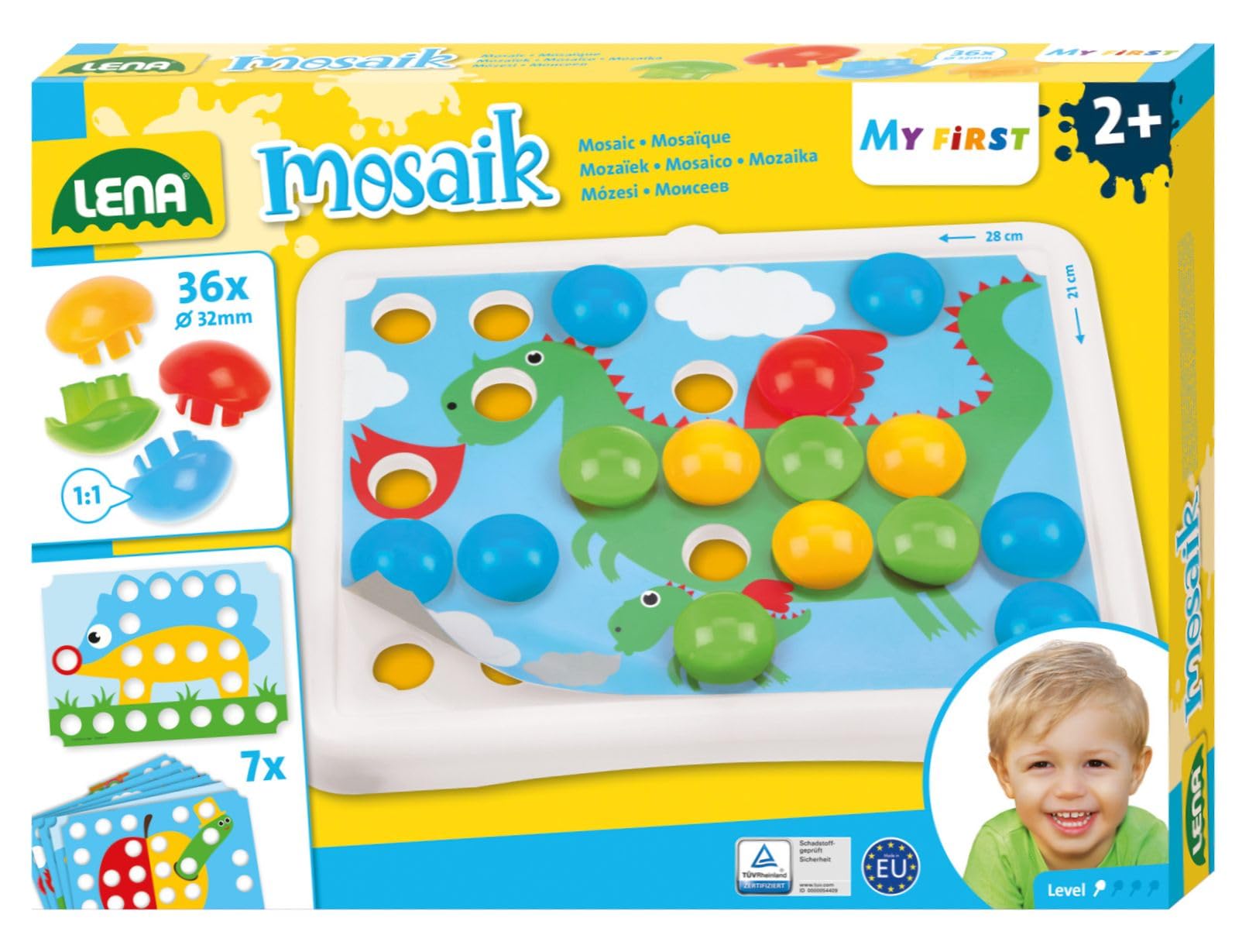 Lena 35630 - My first peg mosaic with 36 pegs, mosaic tiles 32 mm Ø, mosaic set with 7 templates with rounded corners, peg game for children from 2 years, mosaic craft set