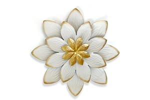 LIFFY 9.2“ White and Gold Metal Flower Wall Art, Modern Rustic Floral Decor for Indoor Living Room Bedroom Office Outdoor Garden Patio Yard