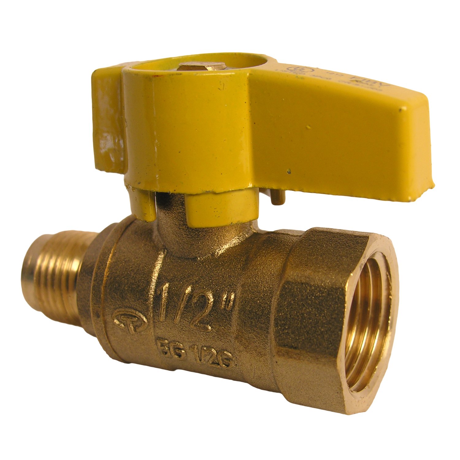 Photo 1 of LASCO 10-1611 Straight Gas Ball Valve with 3/8-Inch Flare and 1/2-Inch Female Pipe Inlet, Brass
