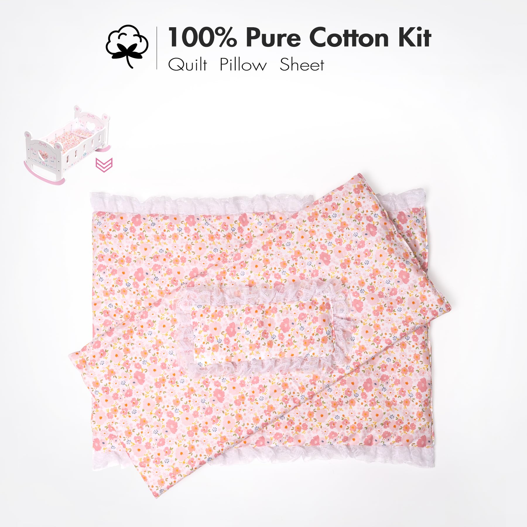 ROBUD Wooden Baby Doll Crib, Baby Doll Bed Toys, for Dolls Up to 18 Inch, Doll Accessories - with Mattress, Pillow, Quilt, Gift for Boys & Girls, Ages 3+