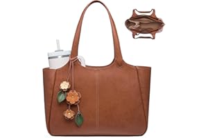 LOVEVOOK Tote Bag for Women, Leather Vintage Work Bag with 40oz Cup Holder, Nurse Teacher Shoulder Bag, Roomy, 6 Pockets | Leak-resistant