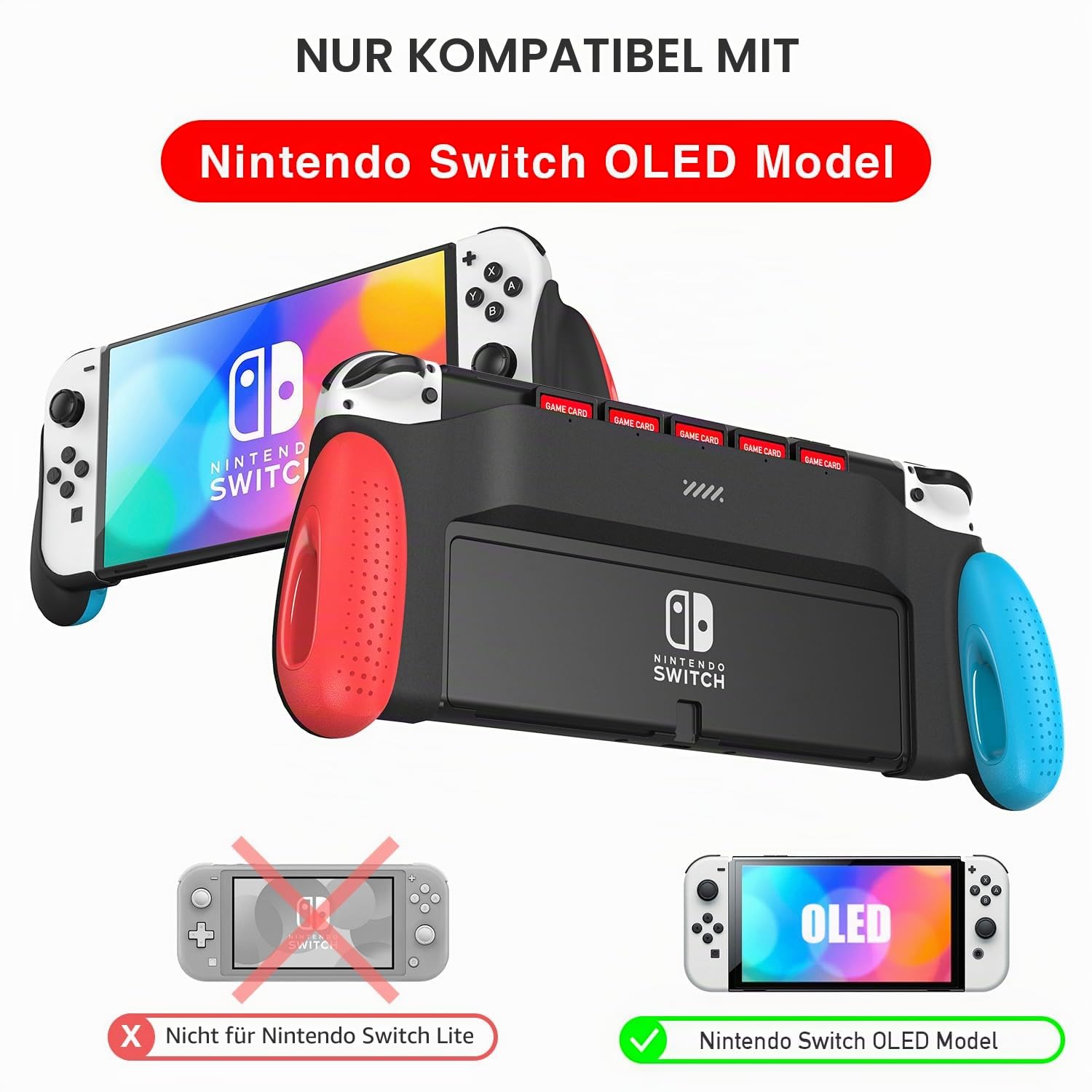MEQI Grip-Schutzhülle kompatibel mit Nintendo Switch OLED-Modell, einzigartiges verbessertes Design mit 5 Spielschlitzen, bequemes und ergonomisches Griffschalter-Zubehör 2