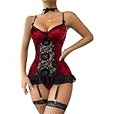 Lilosy Sexy Stocking Garter Belt Bows Floral Lace Babydoll Corset Push Up Teddy Lingerie Set with Panty