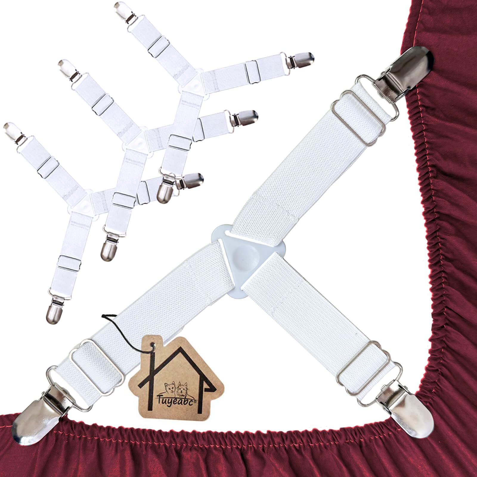 Photo 1 of Bed Sheet Straps, Adjustable Elastic Fasteners with Metal Clips, Keep Fitted Sheet in Place Bedding Holder, Easy Install Suspenders, Firm Tight Accessories, No Mattress Flipping Required, 4 Pack White