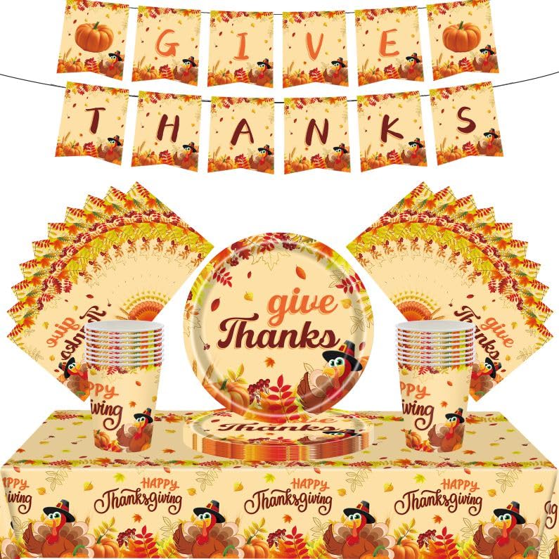 54Pcs Thanksgiving Tableware Decorations - Turkey Table Cloth, Banner, Paper Napkins, Plates Dinnerware Set for Thanksgiving Theme Party Favor