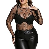 Yincro Womens Plus Size Mesh Lace Tops Long Sleeve Floral Sheer Shirts Crew Neck See Through Sexy Blouse Top