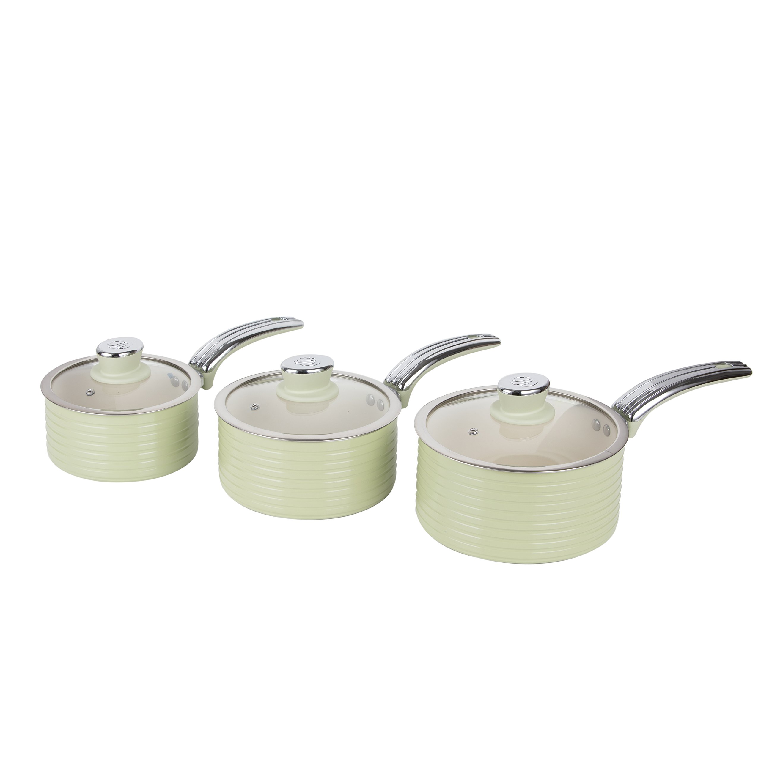 Swan SWPS3020GN Retro Induction Saucepan Set With Glass Lids, Non Stick Ceramic Coating, Easy to Clean, Green, 3 Piece, 16/18/20 Cm โ image 1