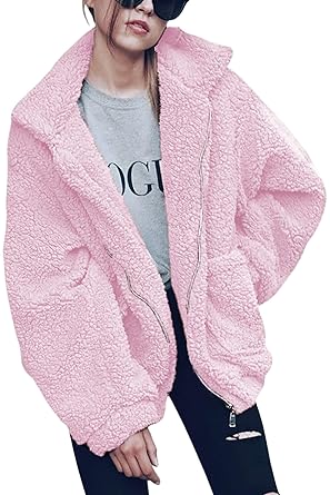 ECOWISH Damen Mantel Revers Faux Für Lose Langarm Outwear Tasche Reißverschluss Winterjacke Mode Kurz Coat