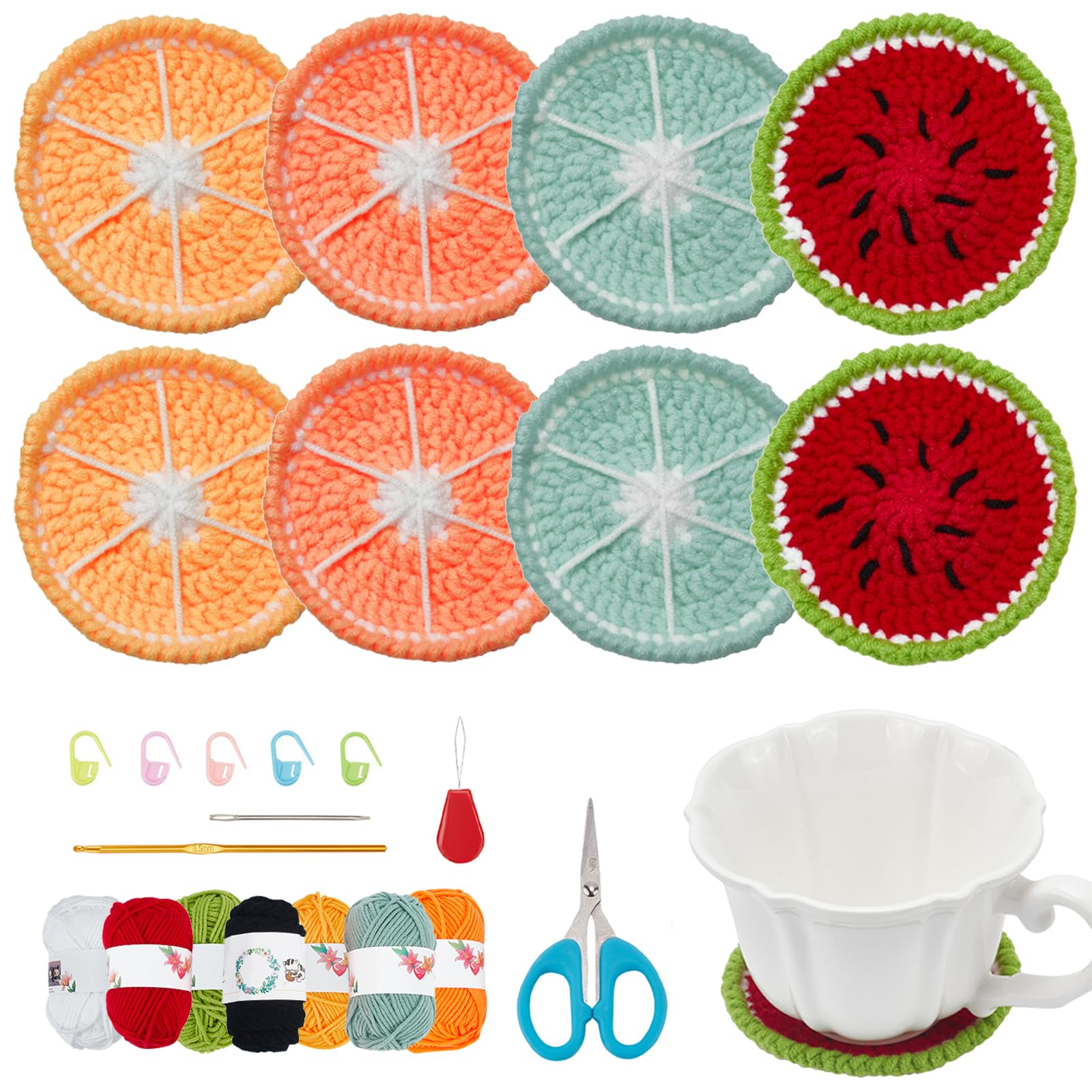 ORIGACH 8 Sets DIY Fruit Crochet Coaster kit for Beginners, Lemon Orange Lime Watermelon Tea Coaster Crochet Set for Starter, Complete Crochet Kit to Make 8 Drink Coasters with Instruction and Video