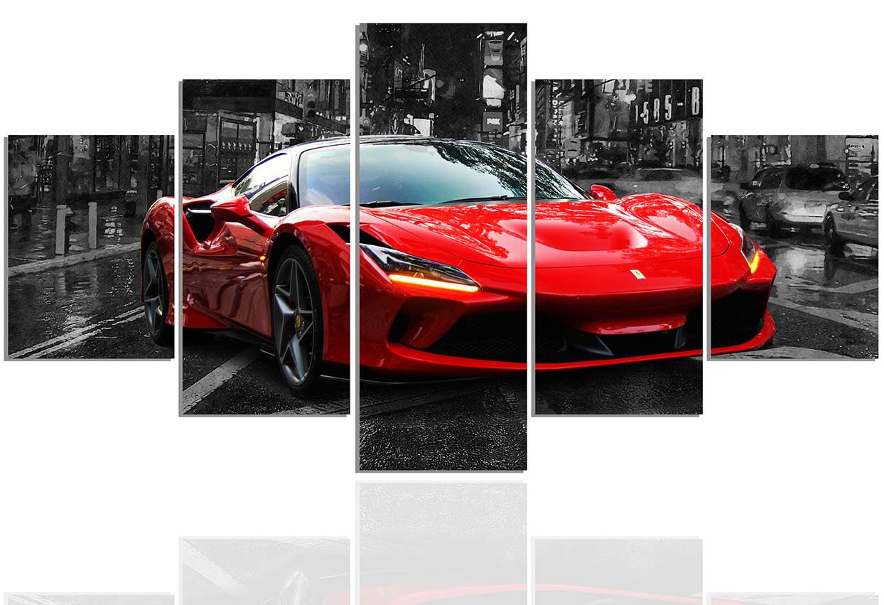 Photo 1 of Black and White Wall Art Car Poster 5 Pieces Red Sports Car Large Canvas Art Pictures for Boys Room Bedroom Living Room Office Decor Ready to Hang