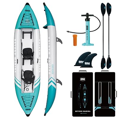 Inflatable Kayak 2 Person Adult - BEYOND MARINA Tandem Kayak with Drop Stitch Floor, Touring Kayak with Aluminum Paddles, Seats, Footrests, Pump, Fins, Adventurer 12.5ft