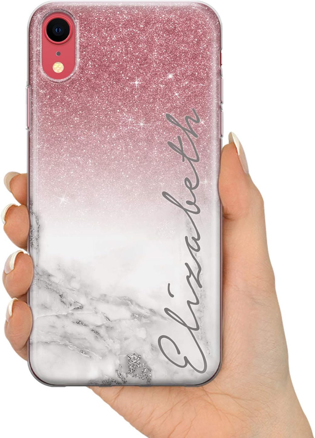 TULLUN Personalized Phone Case for iPhone 11 Pro Max - Clear Soft Gel Custom Cover Champagne Rose Gold & Ombre Glitter Effect Individual Style Initials Name Text - Name V3