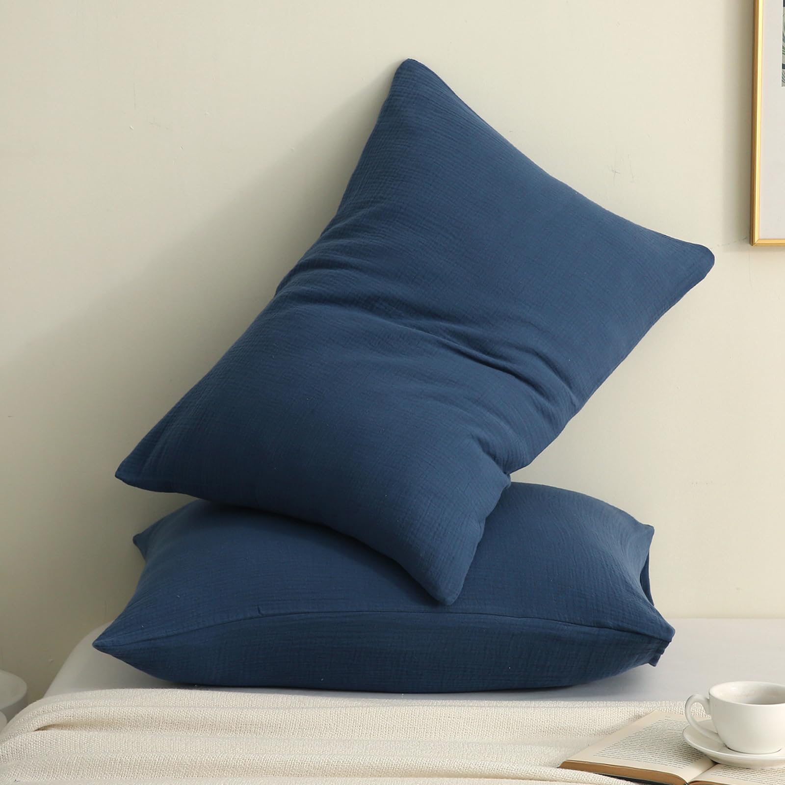 Photo 1 of ?2-Pack? Double Gauze Pillowcases - 100% Organic Cotton, Silky Soft & Breathable for a Cool Night's Sleep(Navy Blue,26" X 20")
