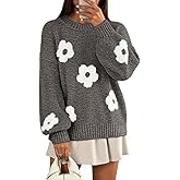 MEROKEETY Women's 2025 Fall Floral Sweater Cute Long Lantern Sleeve Crewneck Knit Pullover Tops