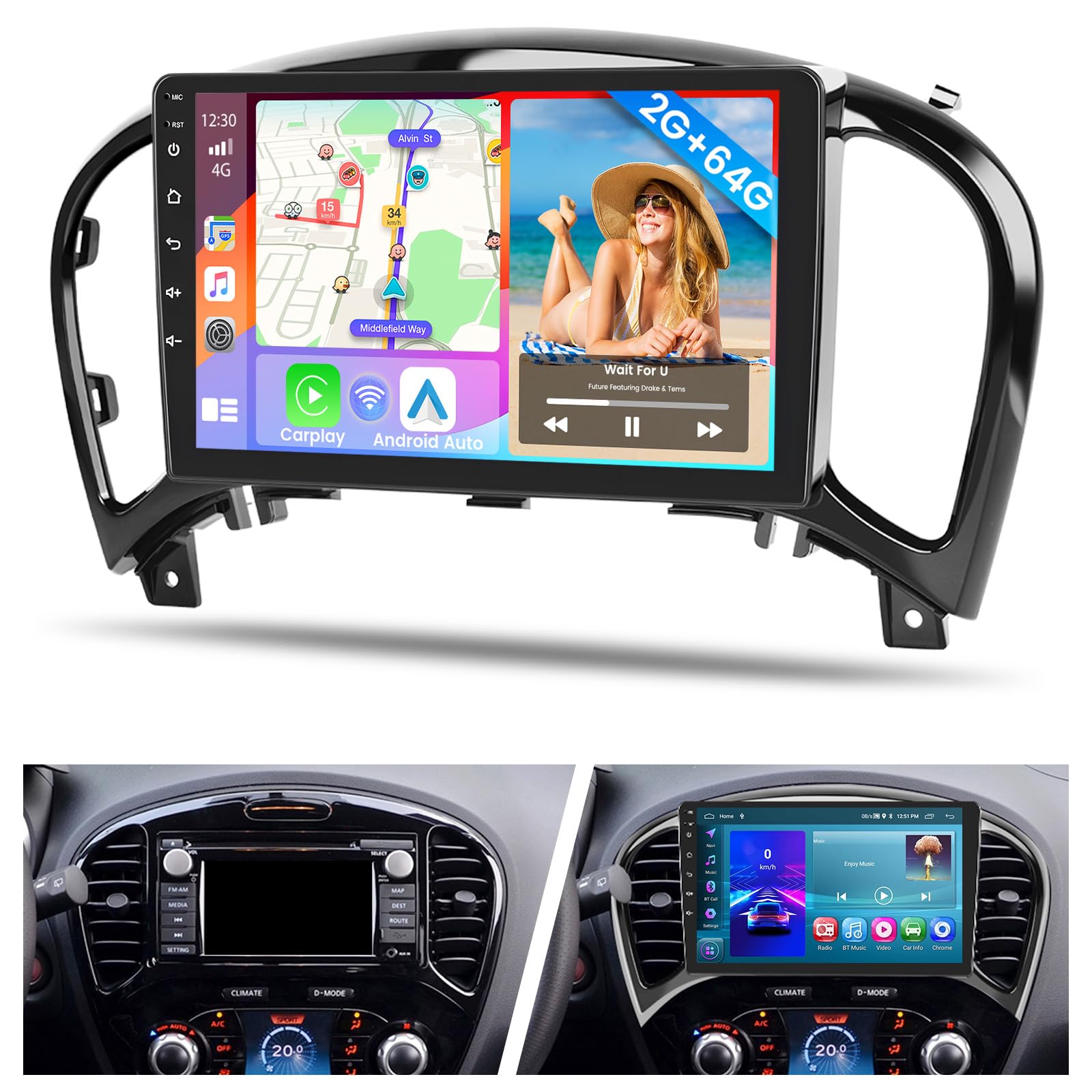 Photo 1 of Car Stereo for Nissan Juke 2011-2016 with Wireless Apple Carplay Android Auto, 2+64G Android 13 9 Inch Touch Screen Car Radio GPS WiFi BT FM RDS Radio SWC EQ Mirror Link Backup Camera
