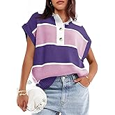 Saodimallsu Women's V Neck Button Down Striped Short Sleeve Knit Sweater