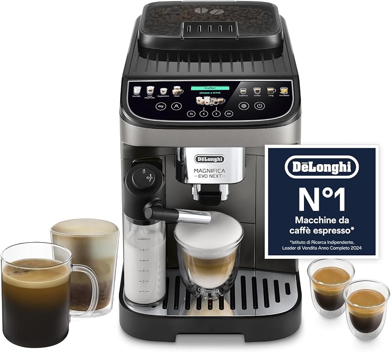 Magnifica Evo Next ECAM312.80.TB, Macchina Caffè Automatica con Monta Latte Automatico, Macchina Caffè Chicchi per Caffè e Cappuccino con Display Touch Intuitivo, 1450W, Nero/Titanio