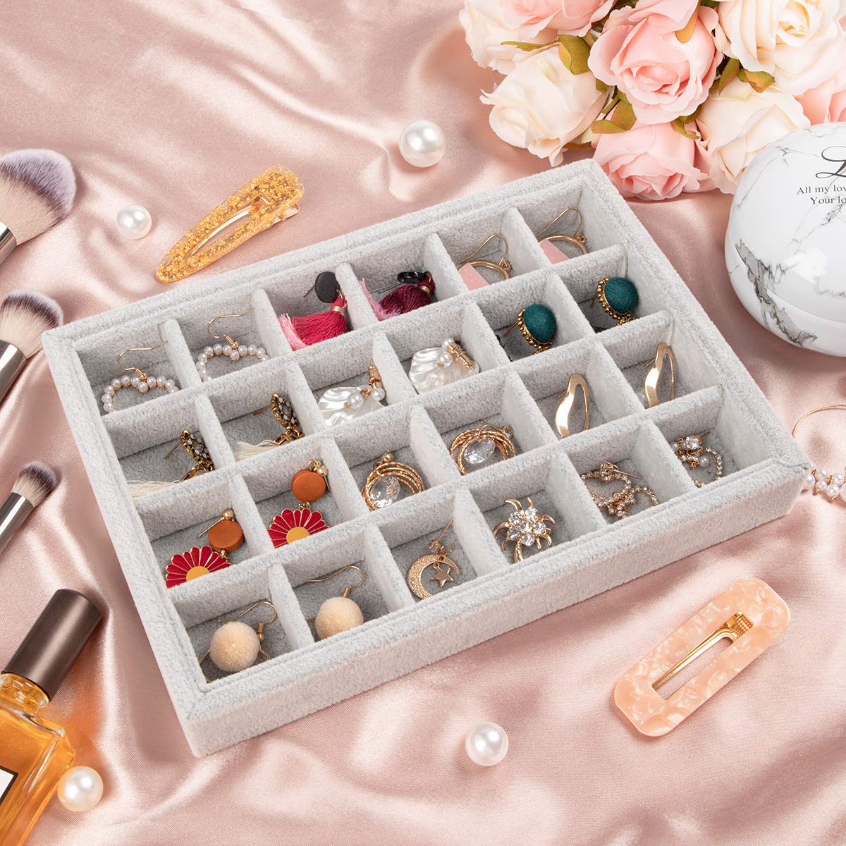 Mebbay Velvet Stackable Jewelry Tray Organizer 24 Grid Removable