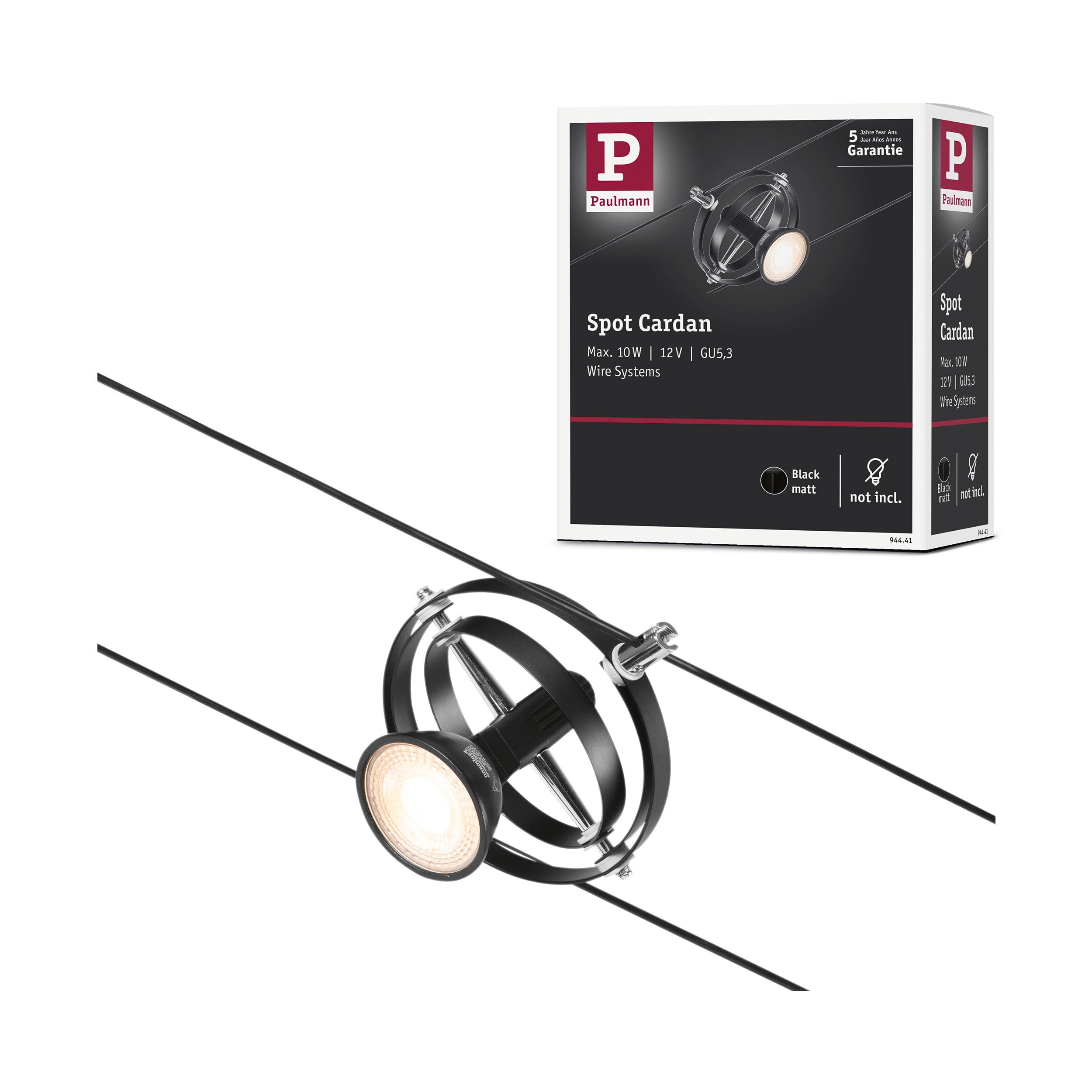 Paulmann 94441 CorDuo Cable System – Spot Lighting Cardan DC, Max 10 Watt Extendable Cable Lamp Matt Black Plastic GU5.3 Wire Cable System Without Bulbs