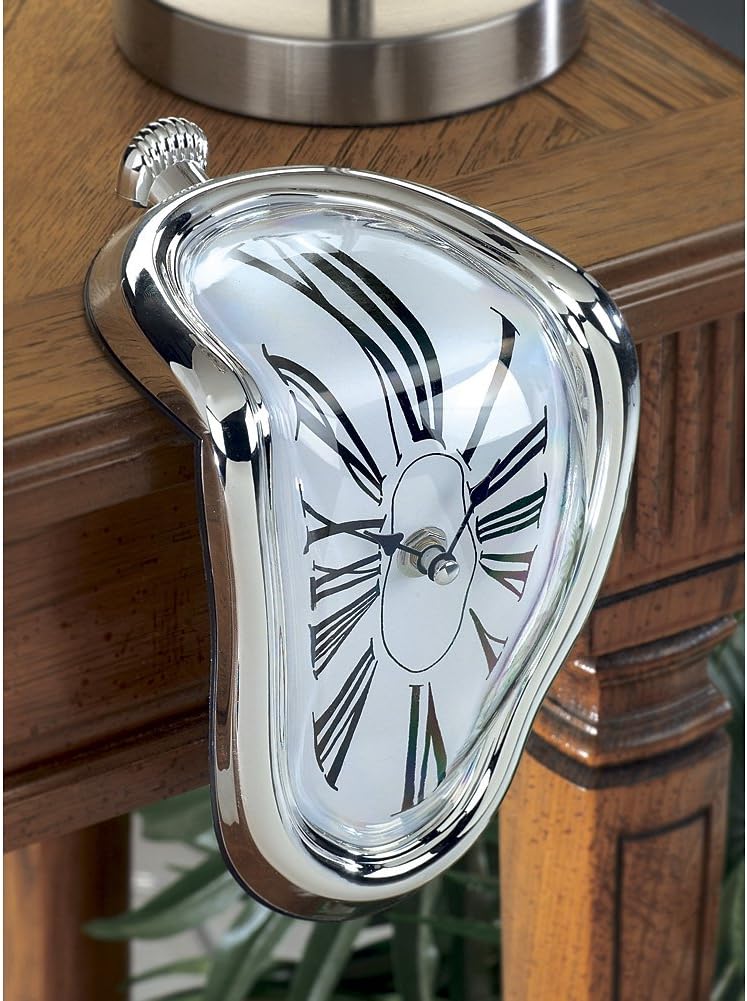 Novelty Creative Modern Melting Clock Melted Illusion Warp Clock Sits on Shelf Funny Creative Home Room Decor Silver