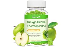 Vazatisi Ginkgo Biloba Gummies with Panax Ginseng for Better Mood and Focus, Booster Brain Health, 60 Vegan Apple Flavor Gummies