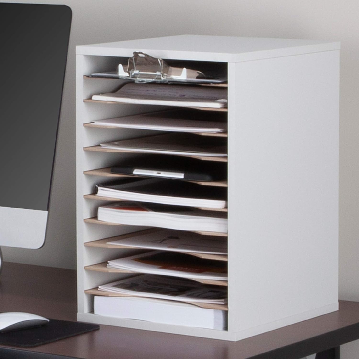 Safco Products Vertical Desktop Sorter, 11 Compartment 9419GR, Gray, Letter-size Shelves, Durable Laminate Finish : Office Desk Organizers : Office Products