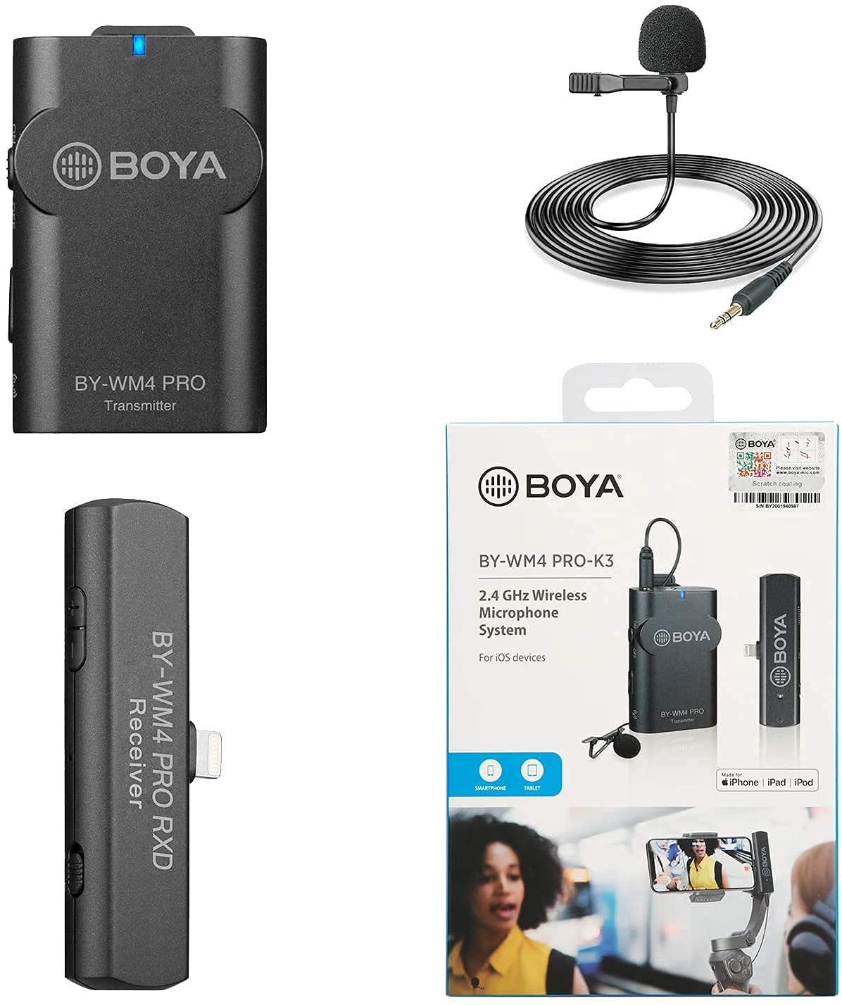 Boya BY-WM4 Pro Kit 2.4GHz Smart Phone Wireless Transmission Recording Microphone with Lightning Connector for iPhone, iPad and all iOS devices – Kit includes 1x Receiver & 1x Transmitter (BYWM4PROK3)