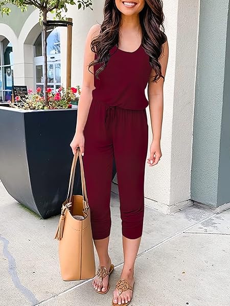 CARACILIA WOMEN’S TANK JUMPSUIT SUMMER CASUAL SLEEVELESS BEAM FOOT ELASITIC WAIST ROMPERS JUMPSUITS WITH POCKETS WINE RED X-LARGE