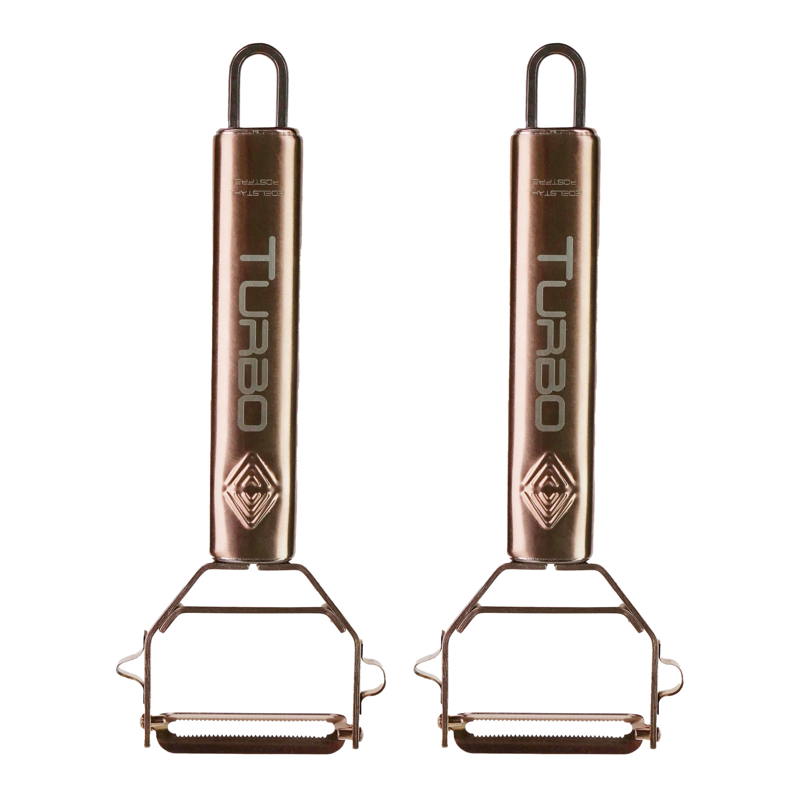 TURBO PRODUKTE Turbo Peeler Stainless Steel Rose Gold for Fruit and Vegetables - Forward and Reverse with Pendulum Blade for Left and Right Handed Users - Pack of 2, TSRG001-2