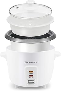 Maxi-Matic Electric Non-Stick Rice Cooker & Steamer w/Automatic Keep Warm Makes Soups, Stews, Grains, Cereals, 6 Cooked (3 Cups Uncooked), White
