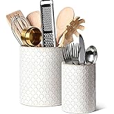 LE TAUCI Utensil Holder for Kitchen Counter - 7.1"+5.4" Ceramic Kitchen Utensil Holder Set of 2, Large Cooking Utensil Crock & Organizer for Spatula, Spoon - Embossed Kitchen Decor, White,Fireworks
